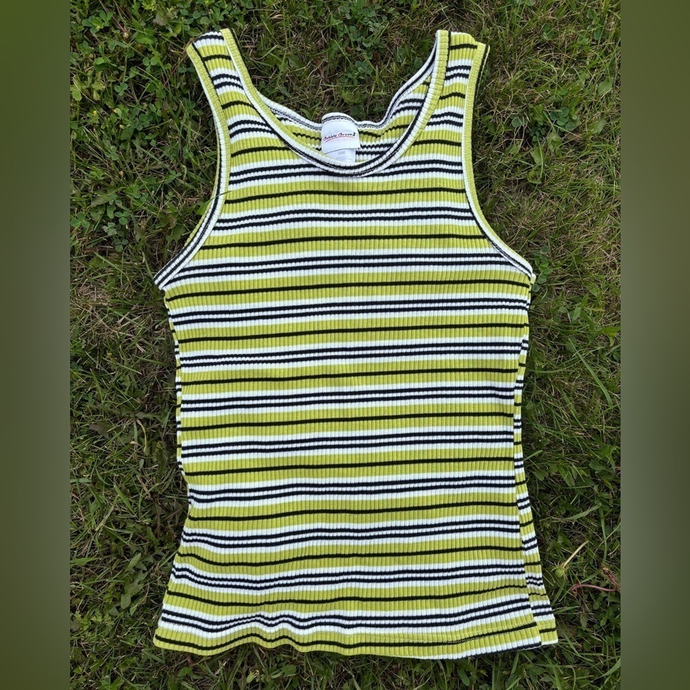 Bobbie Brooks Ribbed Stretch Tank Top Sz M Lime Green Black White Stripe Y2K USA